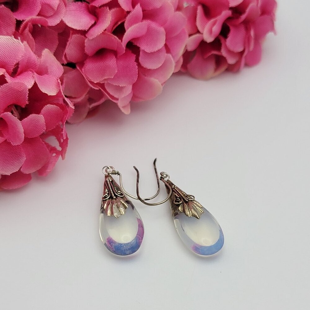 Vintage 925 Sterling Silver Opalite Teardrop Pierced Earrings Dangle Drop 1.25"